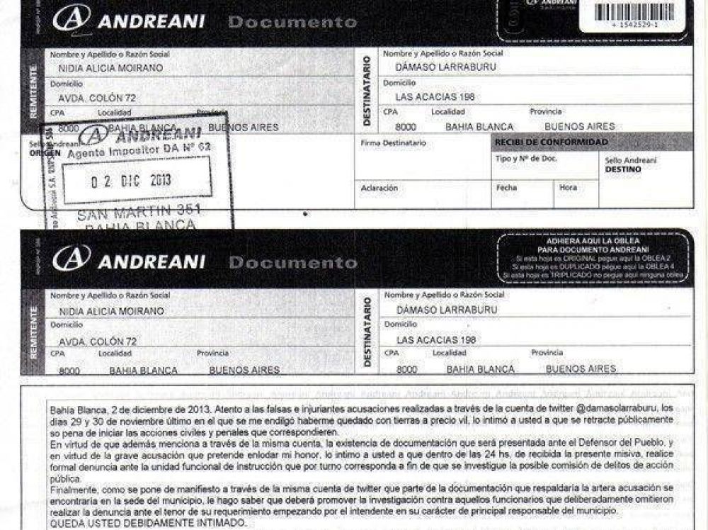 Moirano denunci� "actitudes mafiosas" de parte de Larraburu