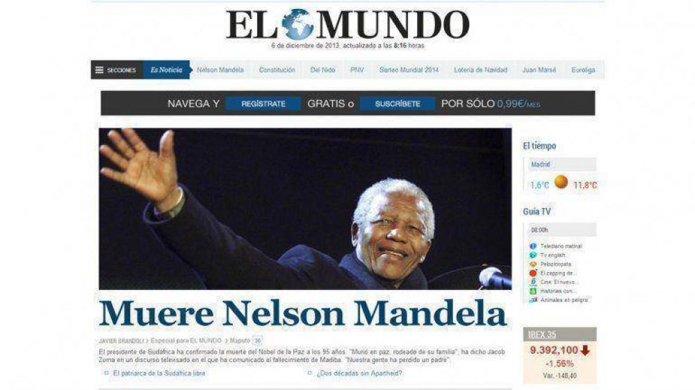 La muerte de Nelson Mandela en los portales del mundo