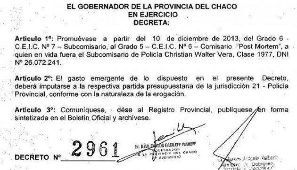 El gobierno ascendi� a Comisario �post mortem� al subcomisario Christian Vera