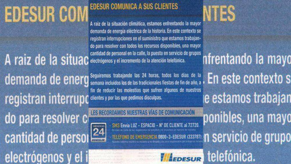 Con una solicitada, Edesur pidi� "disculpas" a sus clientes por los reiterados cortes de luz