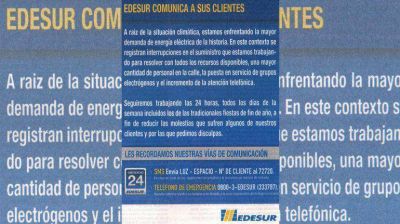 Con una solicitada, Edesur pidi� "disculpas" a sus clientes por los reiterados cortes de luz