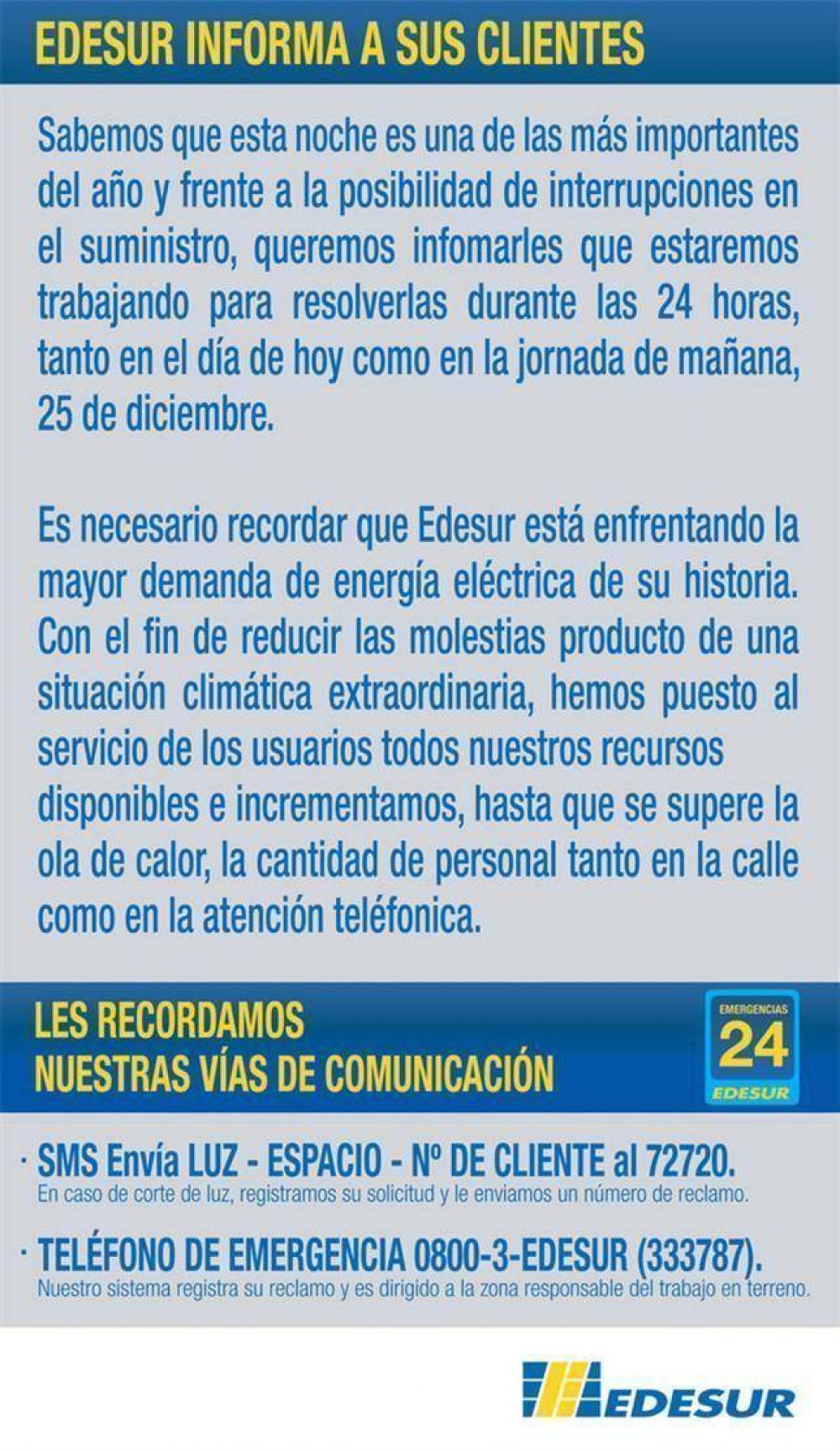 Edesur reconoce que en Nochebuena podr�a haber m�s cortes de luz