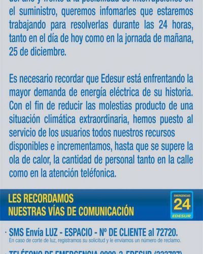 Edesur reconoce que en Nochebuena podr�a haber m�s cortes de luz