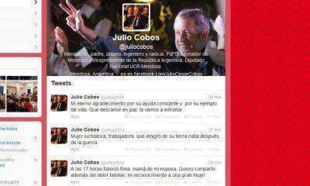 Falleci� la suegra de Julio Cobos y el diputado nacional expres� su dolor en Twitter