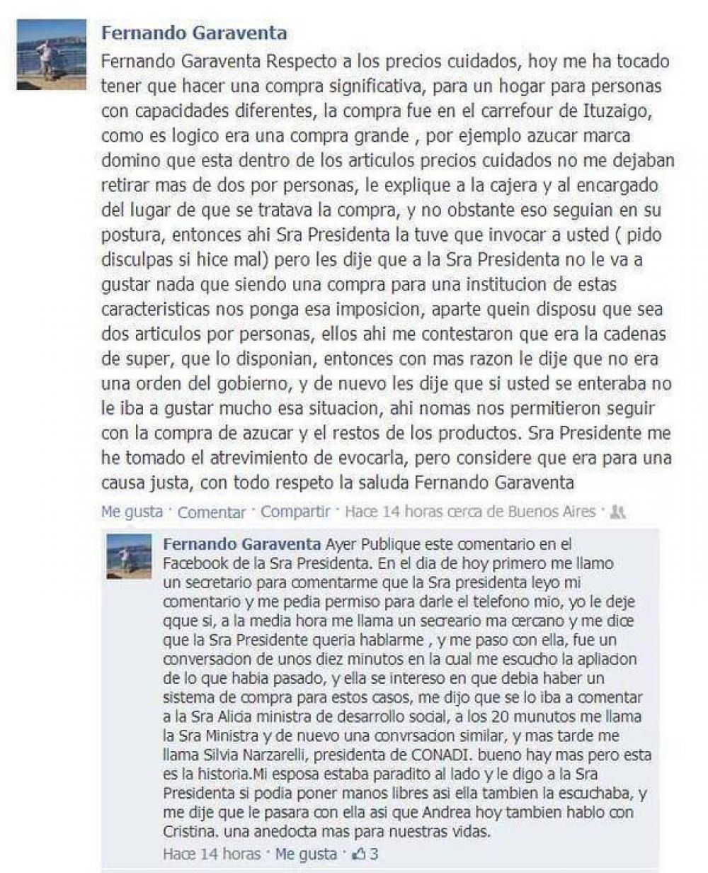 Precios Cuidados: otra vez Cristina Kirchner llam� a un consumidor que se quej� por Facebook