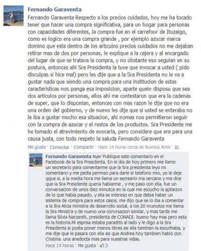 Precios Cuidados: otra vez Cristina Kirchner llam� a un consumidor que se quej� por Facebook