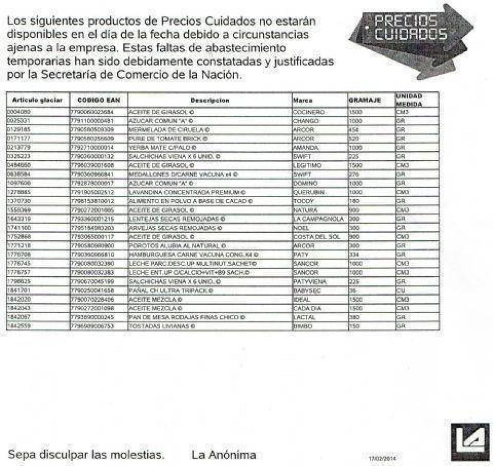 Realizaron inspecci�n en sucursal local de la empresa incorporada al programa �Precios cuidados�