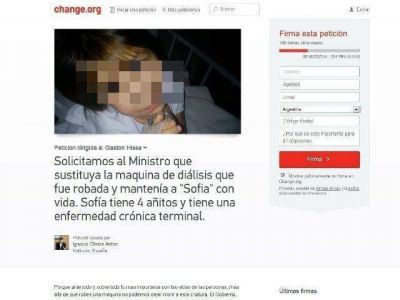 Recolectan firmas por Internet para que el gobierno le restituya la m�quina de di�lisis a Sof�a