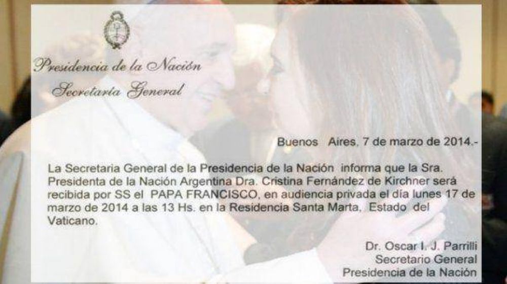 Cristina Kirchner tendr� una audiencia con Francisco en el Vaticano el 17 de marzo