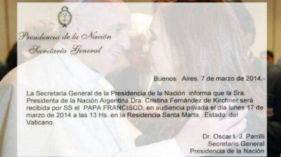 Cristina Kirchner tendr� una audiencia con Francisco en el Vaticano el 17 de marzo