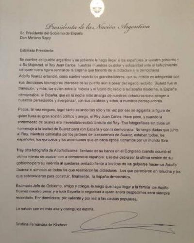 Cristina envi� una carta al gobierno espa�ol expres�ndole "solidaridad" ante la muerte de Adolfo Su�rez