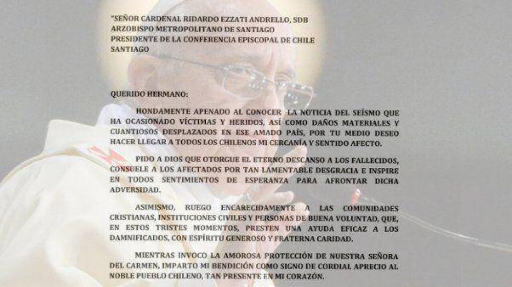 El papa Francisco se solidariz por la tragedia del terremoto en Chile
