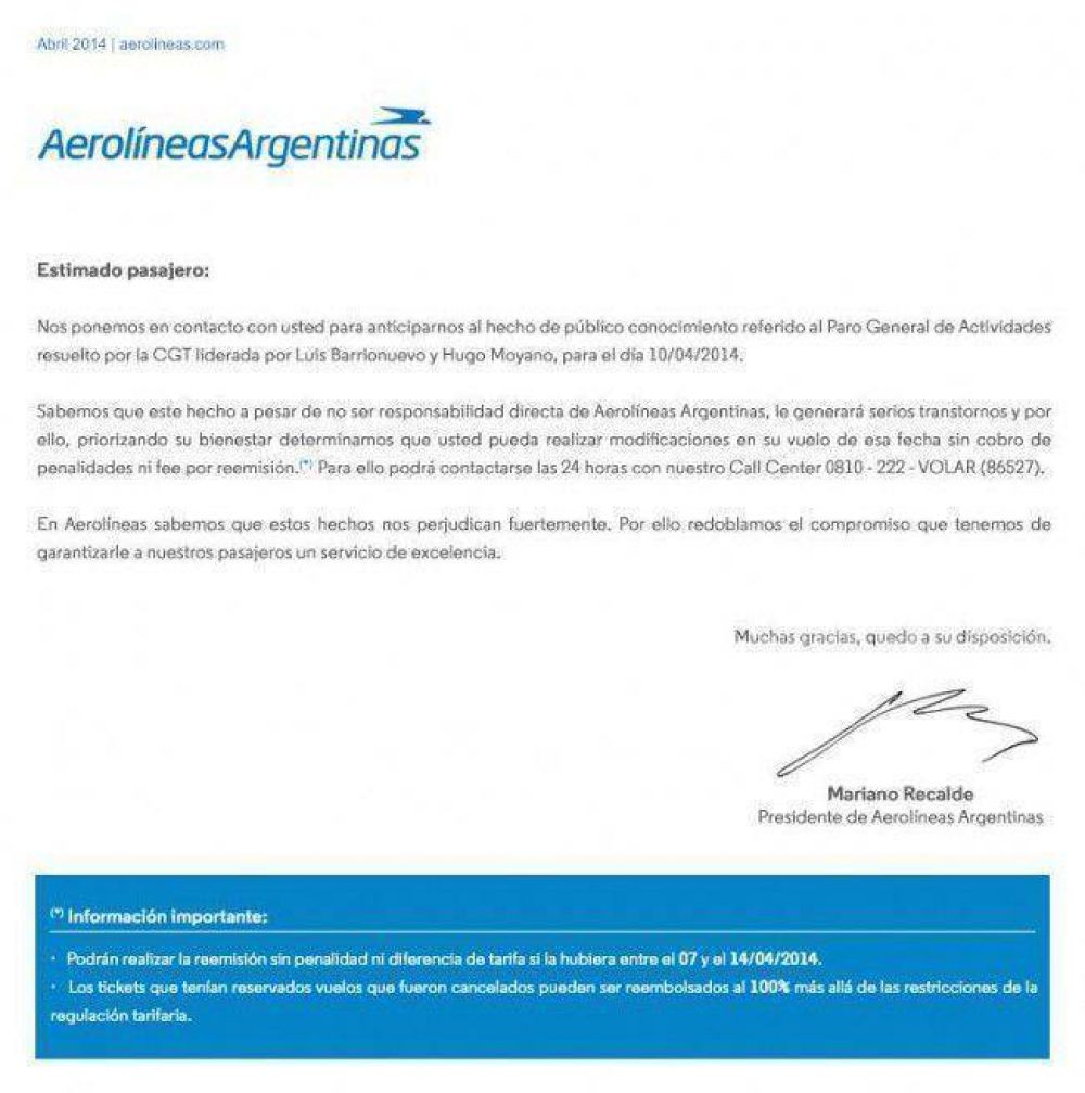 Aerol�neas permite el cambio de pasajes por el paro de Moyano y Barrionuevo