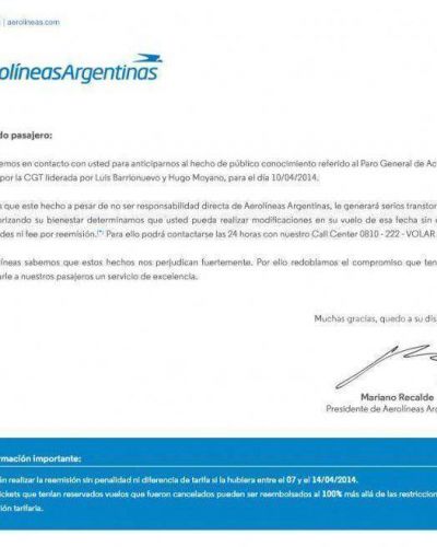 Aerol�neas permite el cambio de pasajes por el paro de Moyano y Barrionuevo