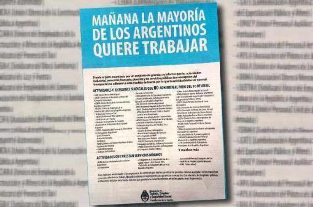 El Gobierno afirma que "ma�ana la mayor�a de los argentinos quiere trabajar"