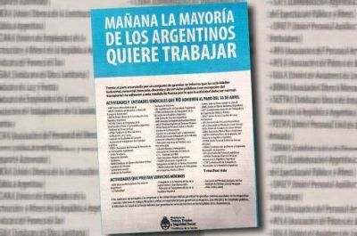El Gobierno afirma que "ma�ana la mayor�a de los argentinos quiere trabajar"