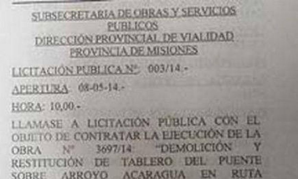 Publican en el bolet�n oficial el llamado a licitaci�n para el puente en el arroyo Acaragu�