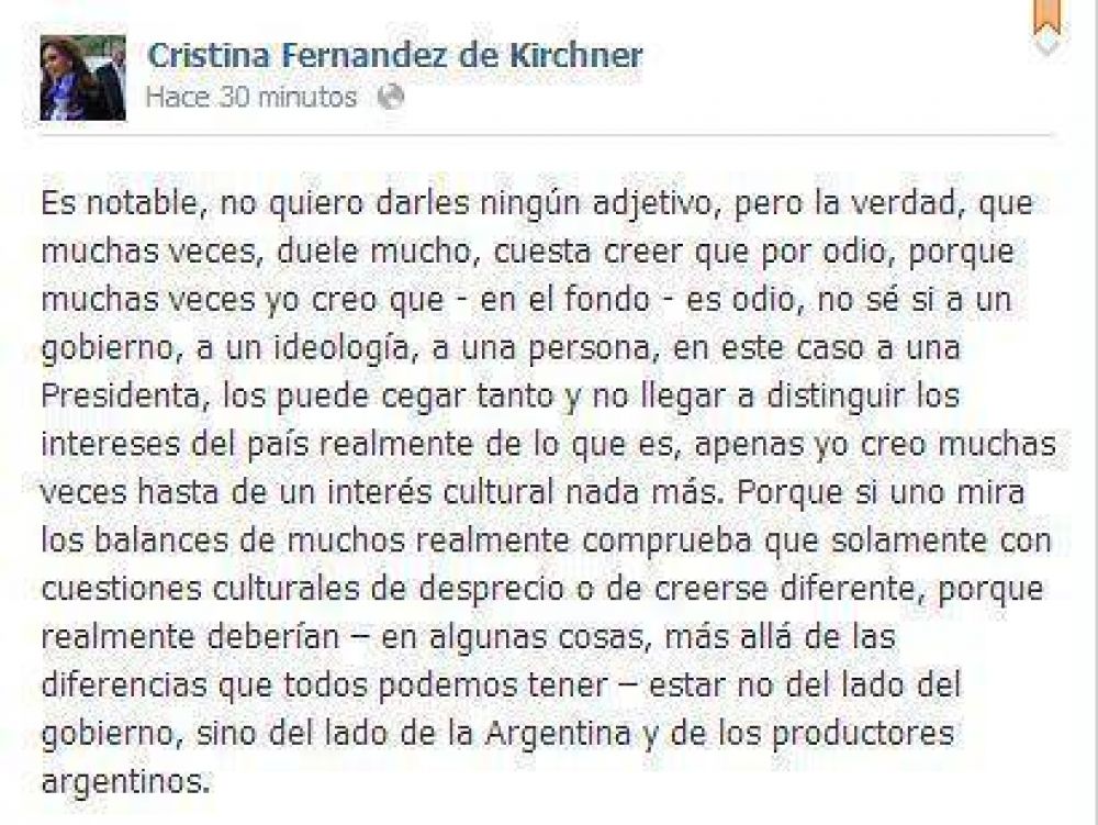 Tras su discurso en Casa de Gobierno, Cristina se expres� en las redes sociales