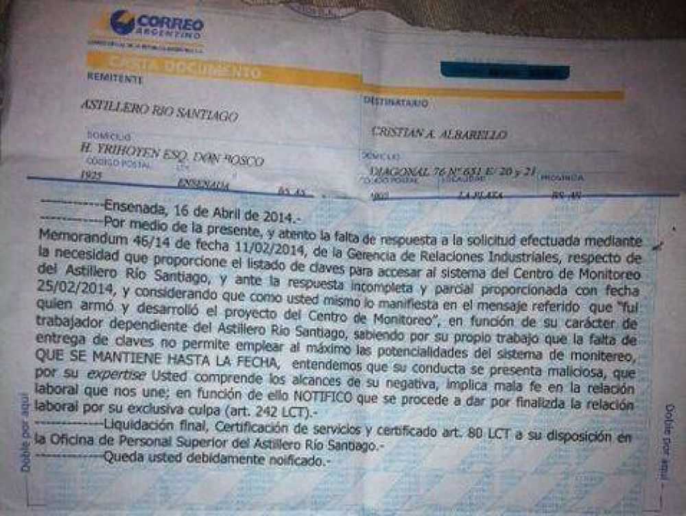 Pi�as y despidos en el Astillero R�o Santiago: Ju�rez, Banegas y Scavuzzo en la mira