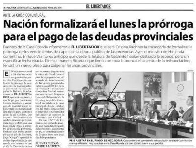 La Provincia de Corrientes cancel� $263 millones de su deuda de 2014