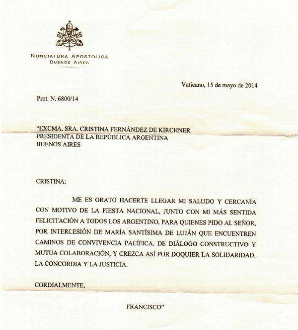 El Papa le mand� una carta a Cristina por el 25 de Mayo: pidi� 