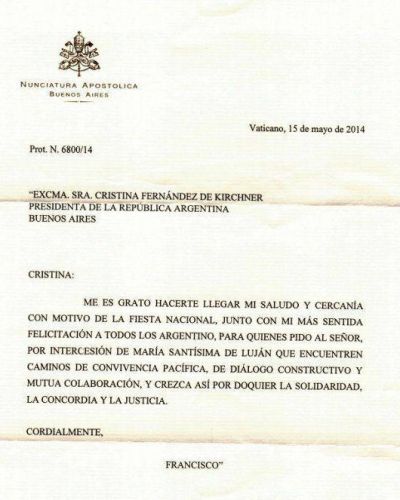 El Papa le mand� una carta a Cristina por el 25 de Mayo: pidi� 
