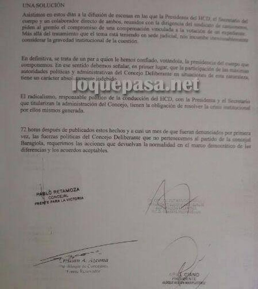 Duro documento de todo el arco pol�tico del HCD contra Baragiola