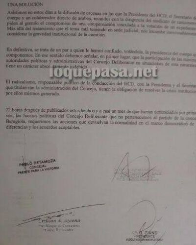 Duro documento de todo el arco pol�tico del HCD contra Baragiola