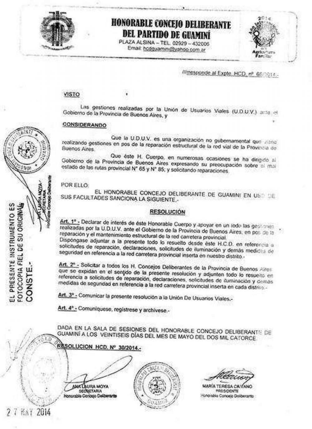 El Concejo Deliberante de Guamin� apoy� las gestiones de UDUV