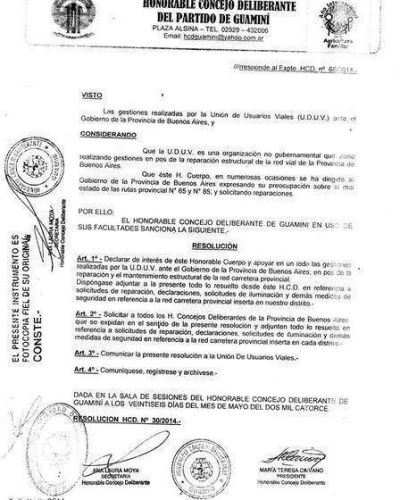 El Concejo Deliberante de Guamin� apoy� las gestiones de UDUV