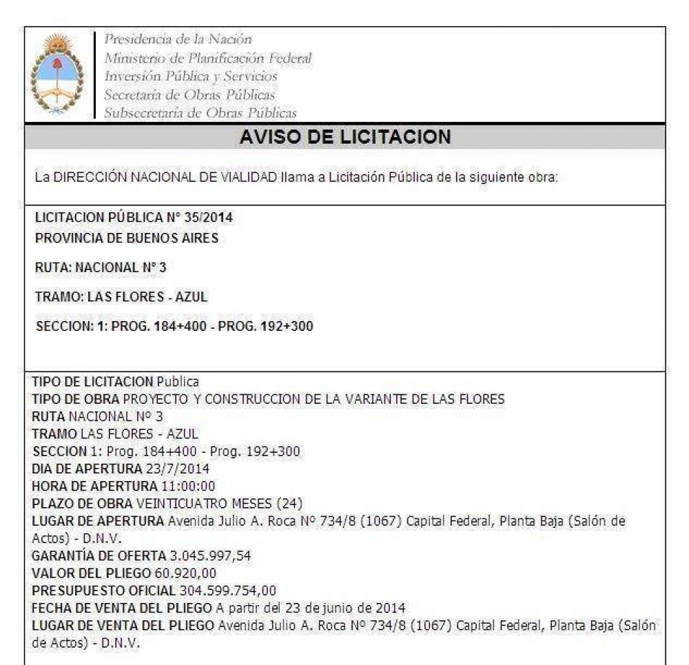La Naci�n llama a licitaci�n para la construcci�n de la autov�a