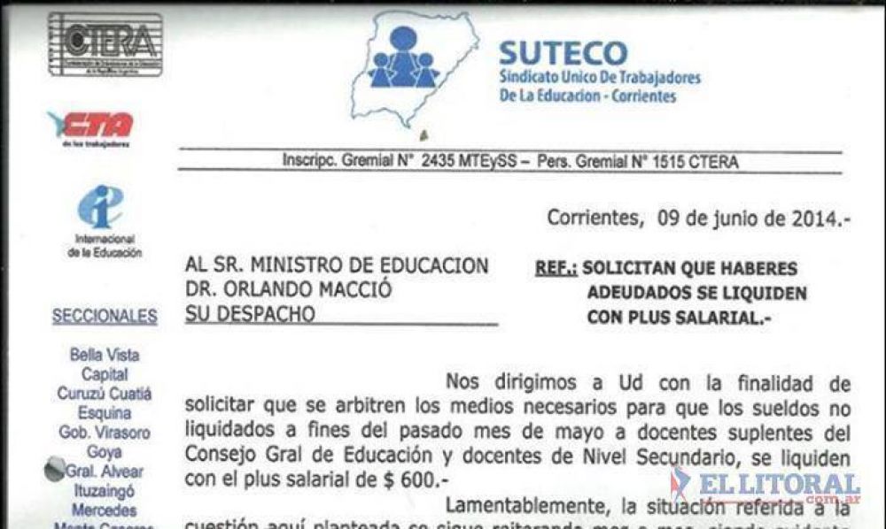Suteco reclam� a Educaci�n que los sueldos adeudados se abonen junto al adicional