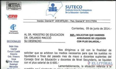 Suteco reclam� a Educaci�n que los sueldos adeudados se abonen junto al adicional