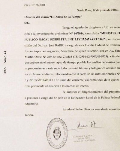 El Fiscal Federal inici� una causa por los cortes de las rutas 5 y 35: repudio de la Intersindical