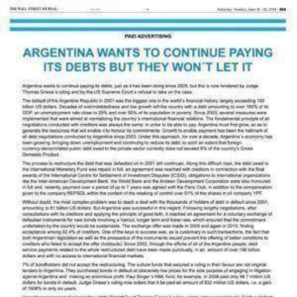El gobierno public� una solicitada en The Wall Street Journal y pidi� 