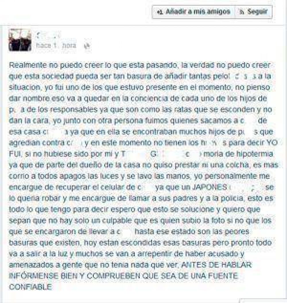 Los testigos directos del caso se expresaron por Facebook