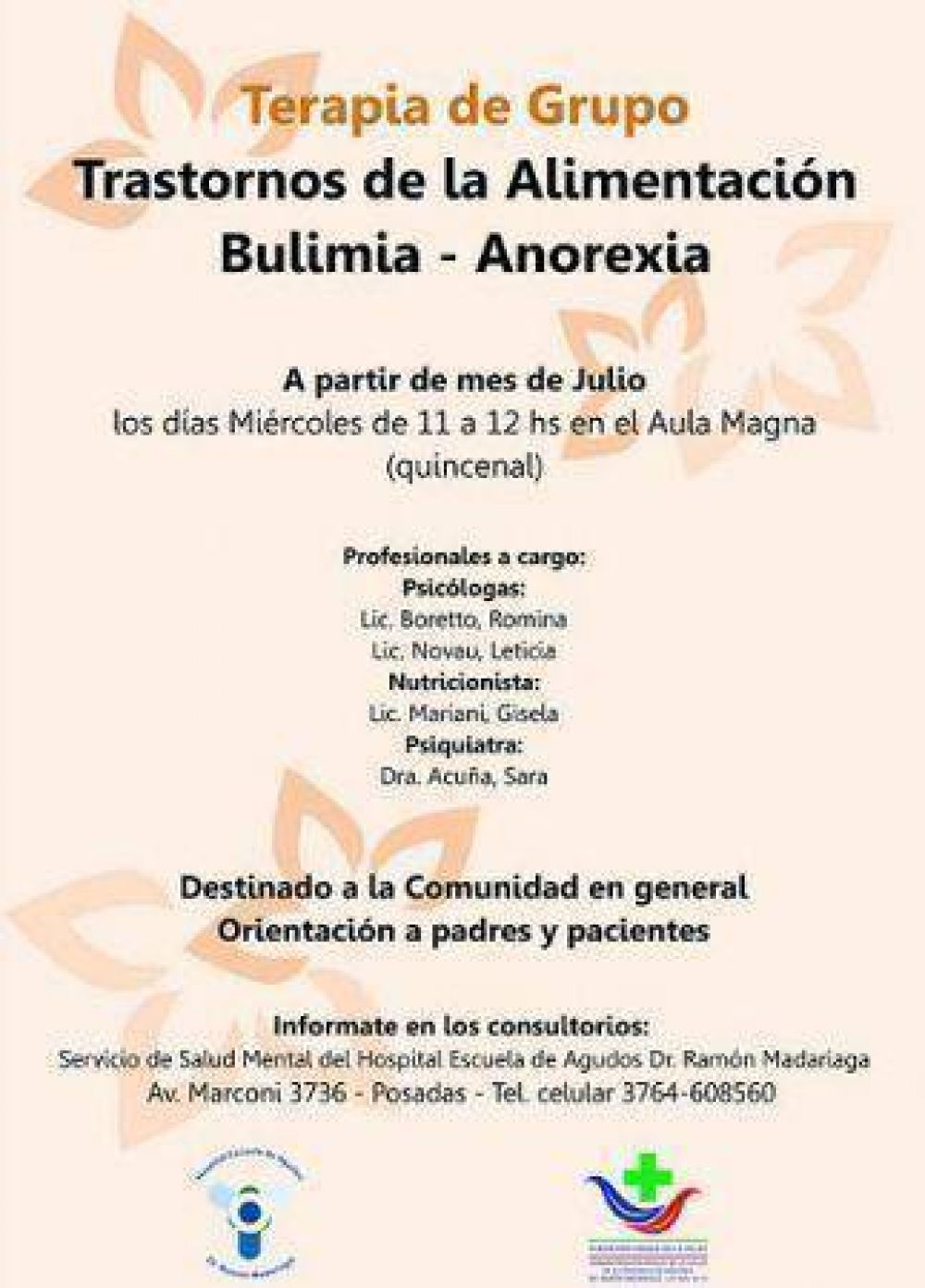 El 16 de julio es el segundo encuentro de Terapia de Grupo para tratar Bulimia y Anorexia en el Hospital Escuela