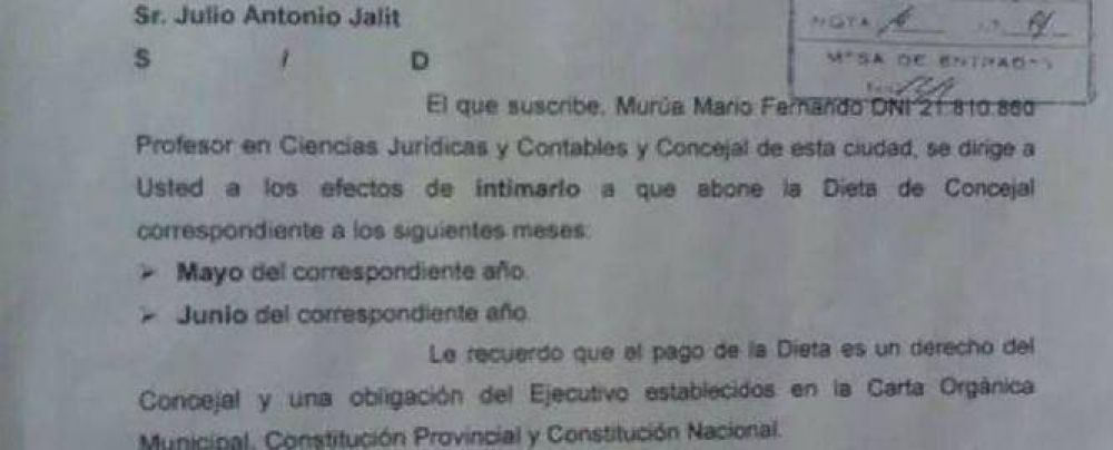 Concejal intim� al intendente Jalit para que le abone el sueldo
