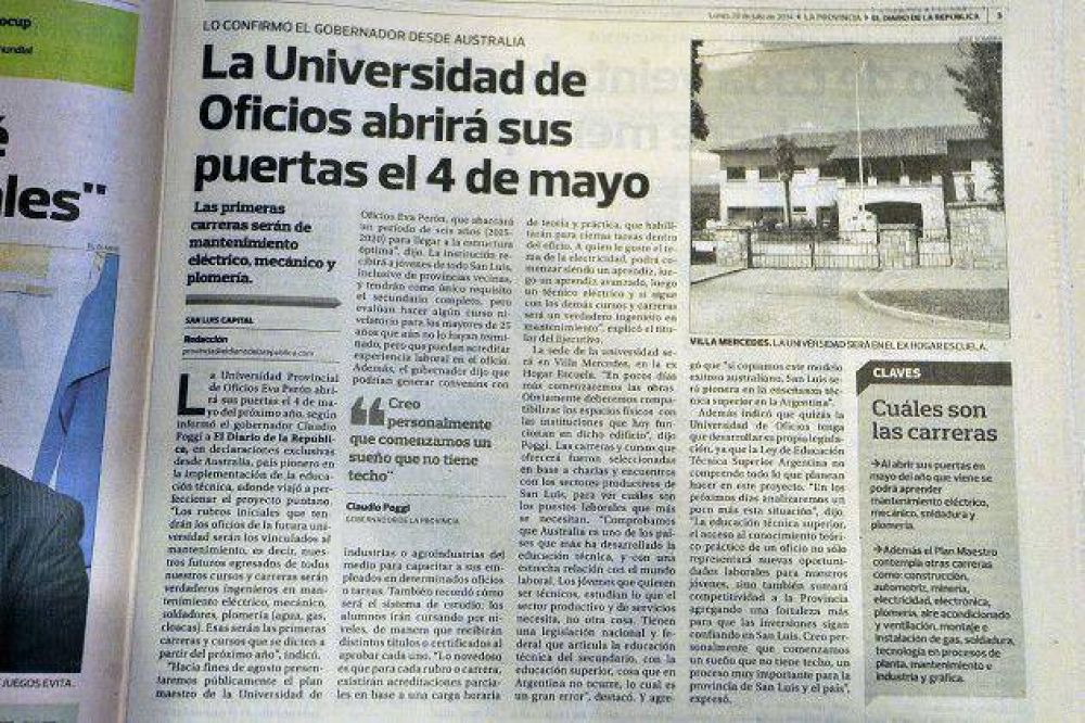 El 4 de mayo de 2015 comenzar� funcionar la Universidad Provincial de Oficios �Eva Per�n�