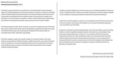 Cristina advirti� a Israel por la situaci�n de un cura argentino en Gaza