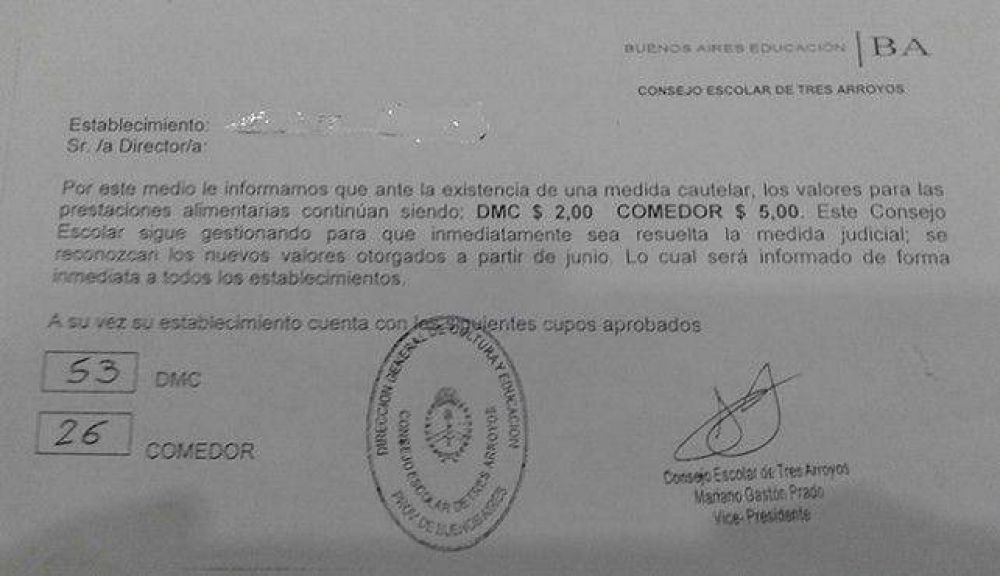 Para Garate, �el Consejo Escolar miente� en torno a los cupos de comedores 