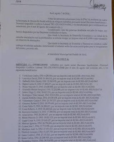 La gesti�n del intendente Jos� Inza entreg� un subsidio a los trabajadores de HM, TRC y Celanova
