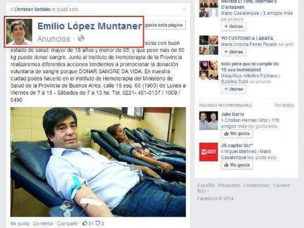 ns�lito: L�pez Muntaner dona sangre y paga en Facebook para difundir su �buena acci�n�