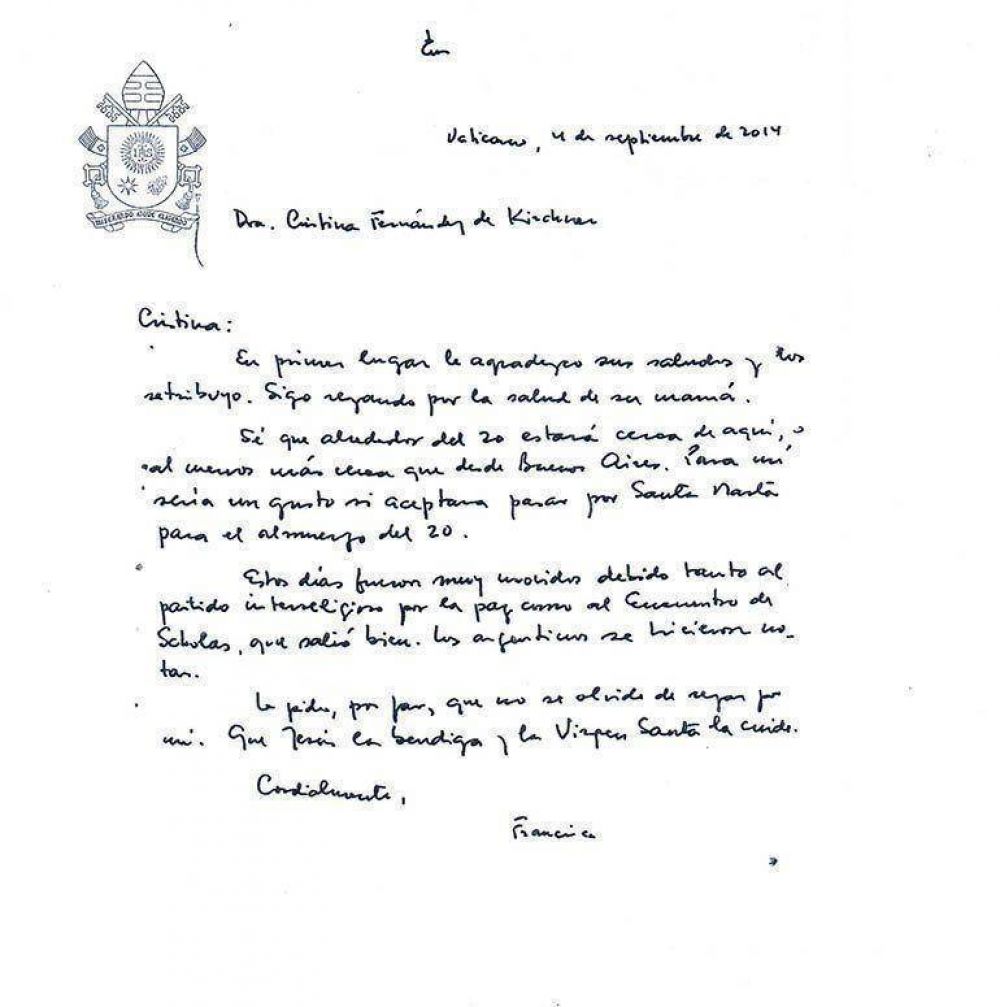 Tras la pol�mica, Francisco escribi� de pu�o y letra la invitaci�n a la Presidente