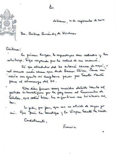 Tras la pol�mica, Francisco escribi� de pu�o y letra la invitaci�n a la Presidente