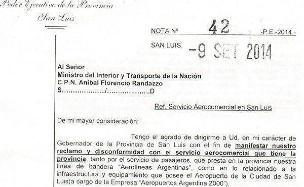 El gobernador pidi a la Nacin la concesin del aeropuerto de San Luis