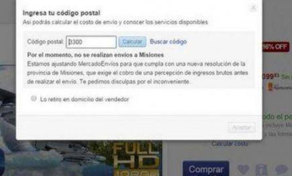 En Misiones no se puede recibir env�os de Mercado Libre