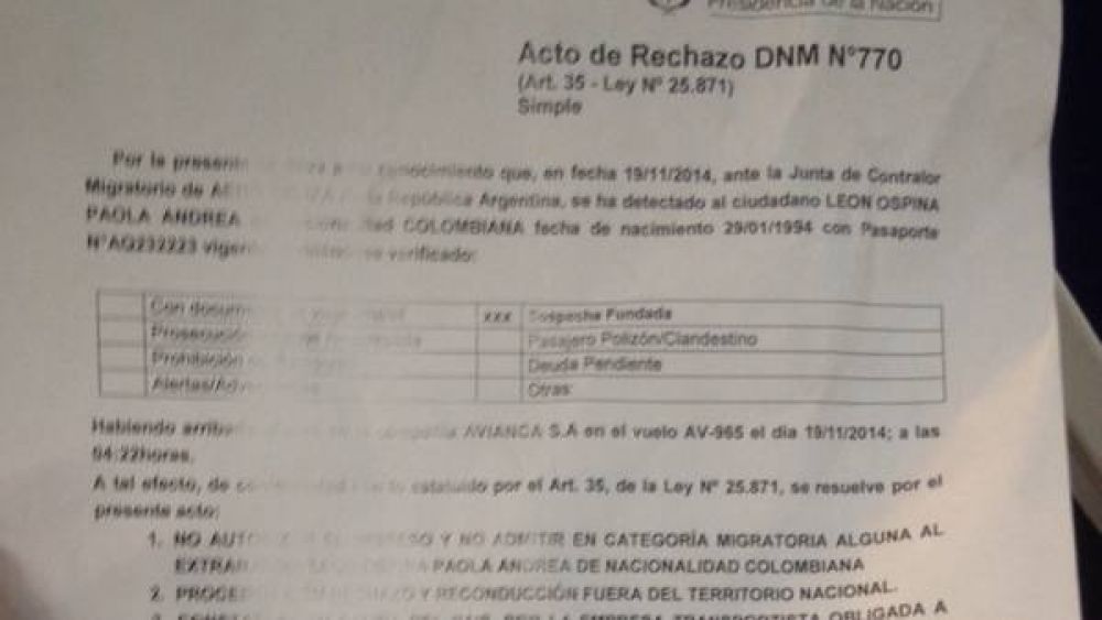 Se fug� un colombiano que no dejaban entrar a la Argentina
