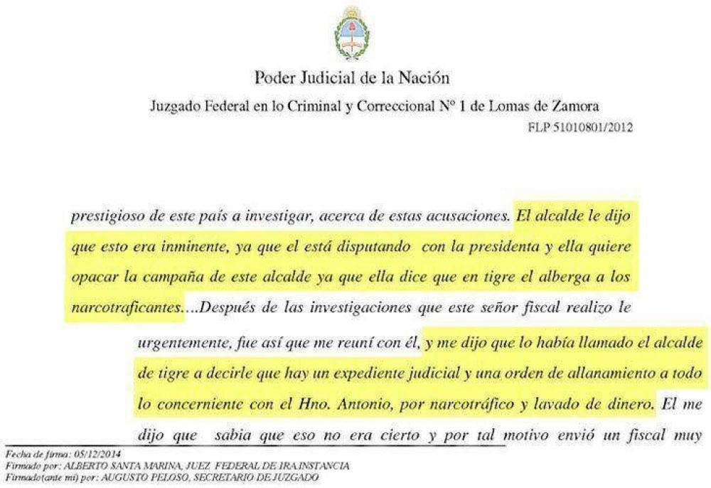 Causa por narcotr�fico: el juez pide investigar carta que alude a Massa