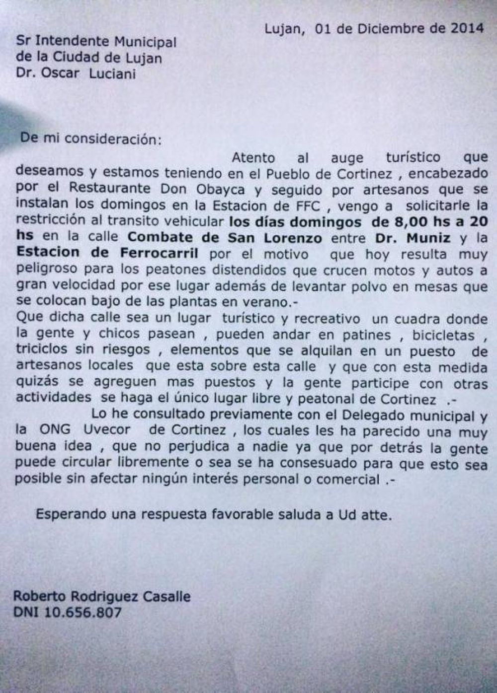 Rodríguez Casalle estaba preocupado por la seguridad vial de Cortínez